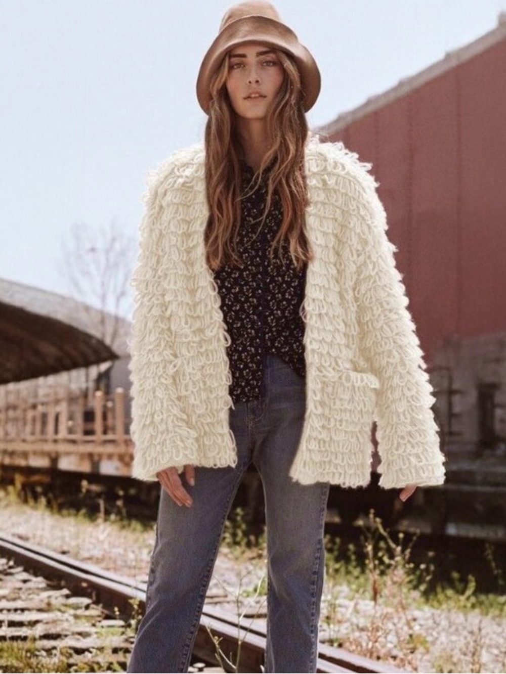 THE GREAT. Cream Loop-Knit Open Cardigan